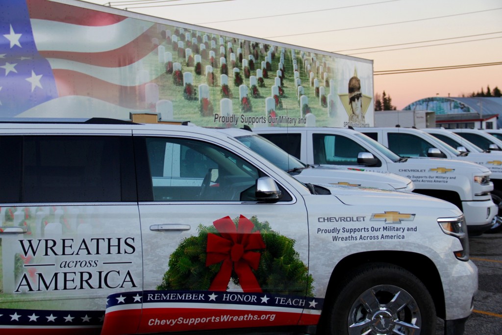 Decorated Chevrolet vehicles will lead the Wreaths Across America journey from Maine to Arlington National Cemetery in Washington, D.C. Pictured here:  2016 Chevrolet Suburban and a wrapped Chevrolet military tribute tractor-trailer.